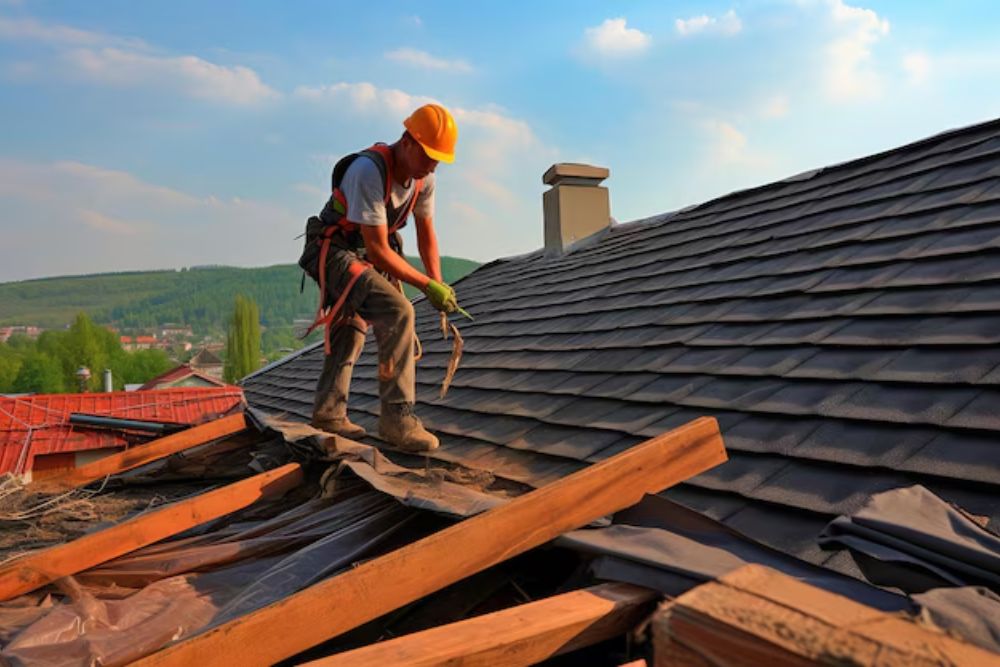 A man diligently working on a roof with a ladder, representing our roof maintenance services in San Diego, CA.