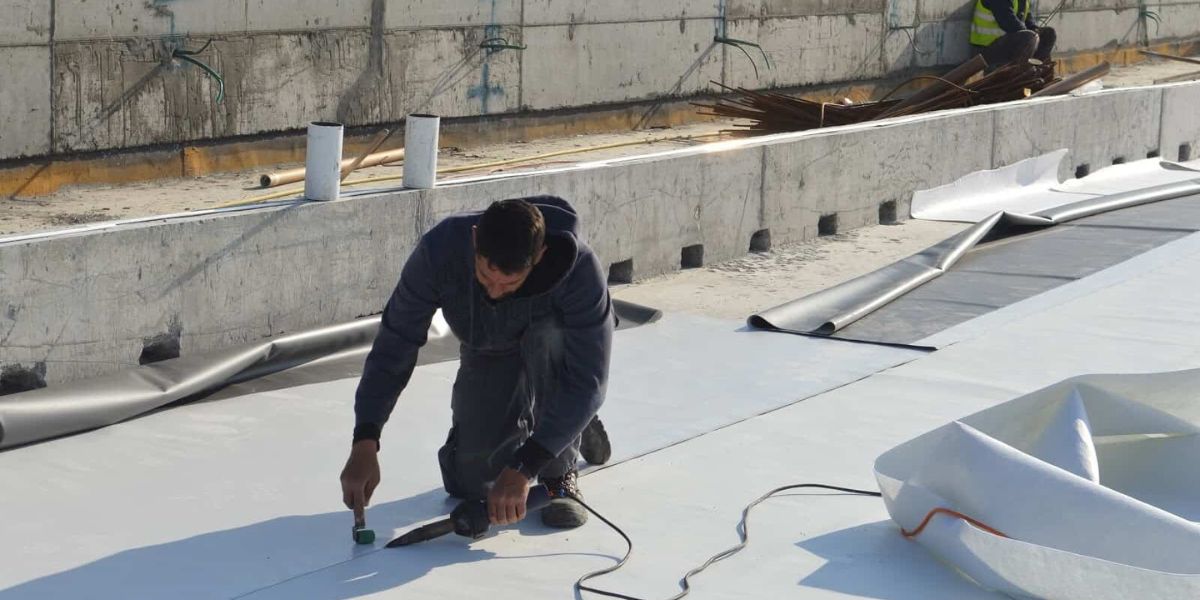A man works on a roof, applying a large plastic sheet, highlighting the use of modern, eco-friendly materials in roofing.